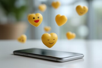 Floating heart emojis above smartphone in soft focus background. World Emoji Day