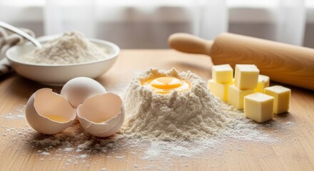 flour scattered on a wooden surface with cracked eggs, butter cubes, and a rolling pin