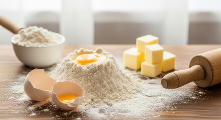 flour scattered on a wooden surface with cracked eggs, butter cubes, and a rolling pin