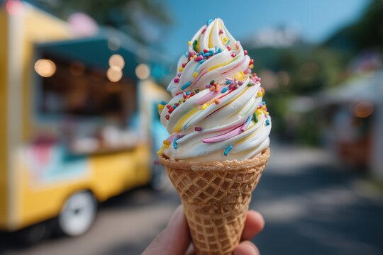 Hand holding soft serve ice cream cone with colorful sprinkles outdoors at food truck festival. National Ice Cream Day - Powered by Adobe