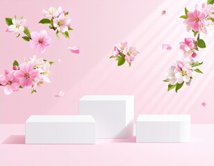 Romantic elegance three white square podiums with flow of levitate
