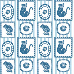 Monochrome seamless pattern featuring lemurs, chameleons, tropical flowers, and leaves in framed layout, ideal for exotic wildlife designs and modern fabric prints.