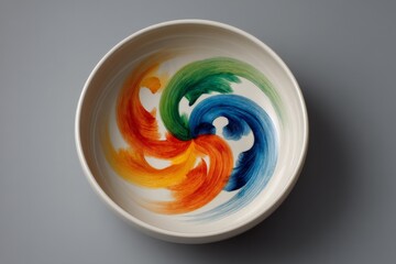 Colorful ceramic bowl featuring vibrant swirling patterns in red, blue, green, and orange