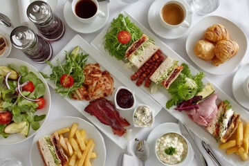 Delicious breakfast spread featuring sandwiches, salads, and pastries at elegant dining setting
