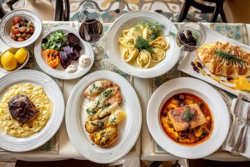 Delicious Italian dining experience with a variety of dishes on a beautifully arranged table