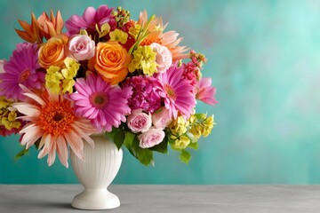 Fototapeta premium Bright and vibrant flower arrangement in a white vase set against a colorful background