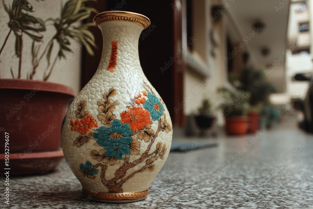 Poster decorative vase with colorful floral patterns displayed in a corridor during daylight