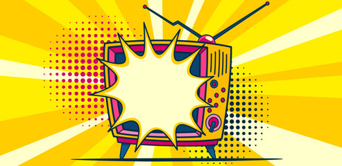 Comic retro tv on halftone and dots backdrop. Vector colorful background in pop art retro comic style. Cartoon vintage 70s, 80s television