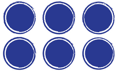 Print set of blue grunge ink stamp circles, round shape stamp. Set of Blue grunge circle brush vector illustration. Abstract blue paint brush circles pack. Set of blue brush circle grunge vector. 