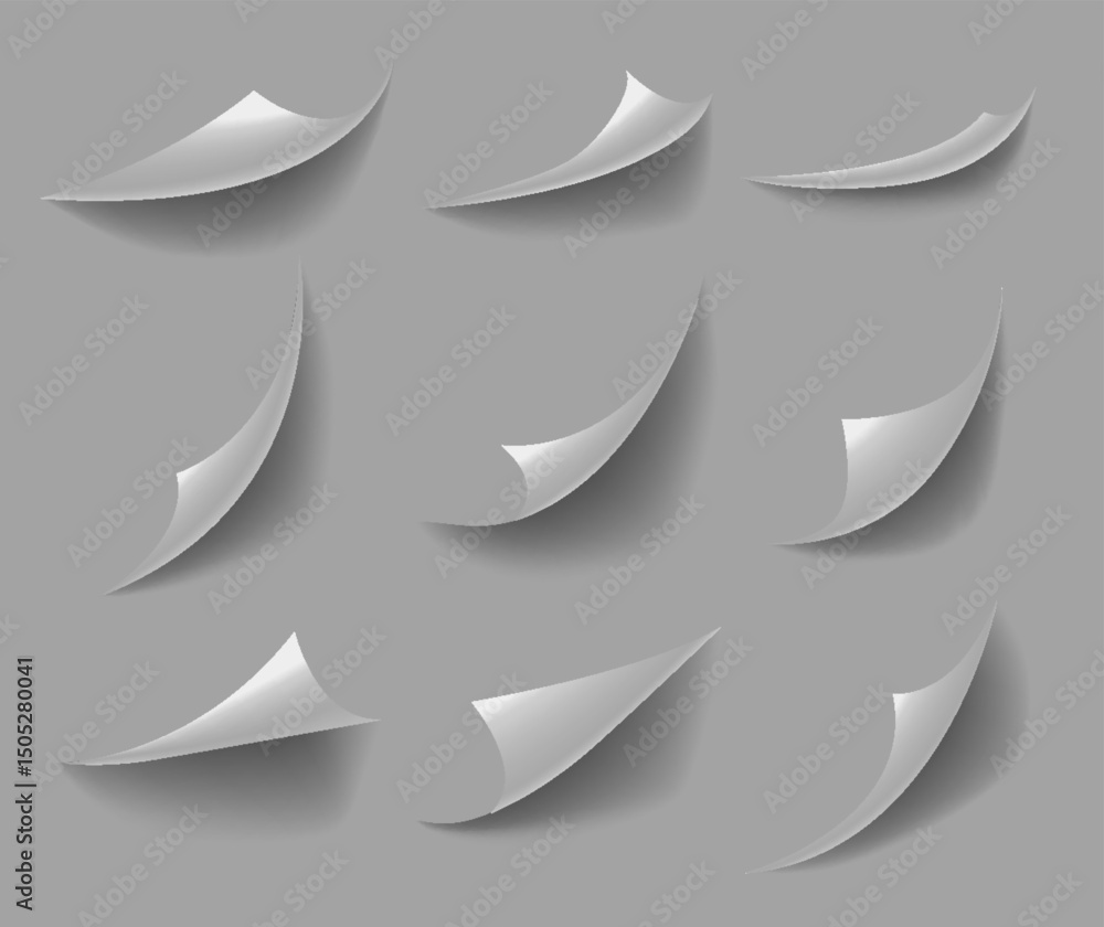 Poster curled paper corners. curve page corner, pages edge curl and bent papers sheet with realistic shadow