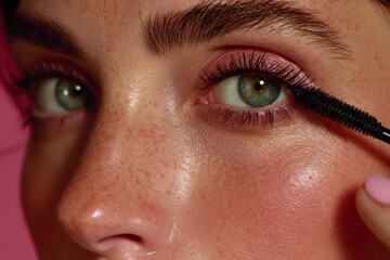 Fototapeta premium Close-up of a person applying mascara with a soft pink background highlighting makeup artistry in a beauty routine