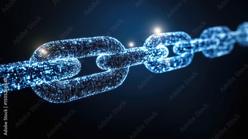 Poster glowing digital chain links, representing connection and security