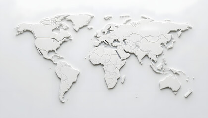 Minimalist world map, 3D relief style, white on white, soft shadows and highlights, clean and smooth texture, subtle topographic details, simple and modern design, isolated on a pure white background