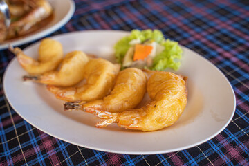 Ebi furai is a Japanese dish made from shrimp coated  in a restaurant by the sea, Phuket