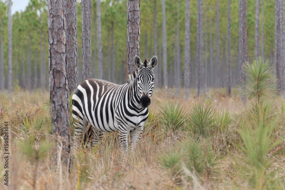 Aufkleber zebra standing among tall pine trees in a natural habitat during daylight in a serene forest setting