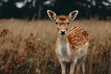 Obraz premium Fawn stands gracefully in a golden meadow during early morning light in a tranquil natural setting