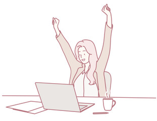 A joyful woman raises her arms in victory, celebrating her achievements while working on her laptop