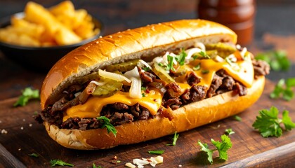 Cheesesteak Sandwich on Wooden Board.