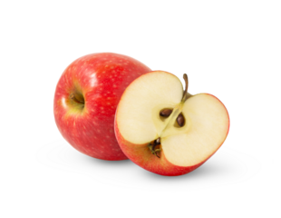 Red fresh apple and a half isolated. Pink lady apples and a cut with clipping path.