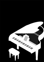 Isometric concert white piano royal top view vertical poster A4. Pianist place under spotlights on stage. Minimalistic black and white 3D vector concept isolated on black background