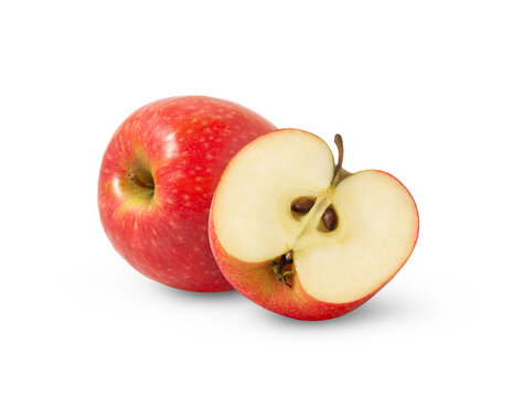 Red fresh apple and a half isolated. Pink lady apples and a cut with clipping path.