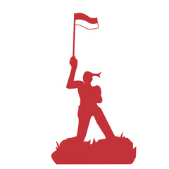 Red silhouette of a person waving a simple red and white flag