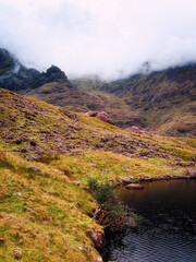 Lough Callee is nestled among rocky hills and cliffs under a moody sky. The landscape is covered in green and brown grasses, with a few small trees growing near the water's edge.