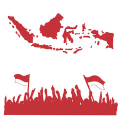 Red silhouette of many people waving red and white flags and red silhouette of simple indonesia map