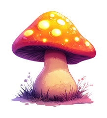 PNG Glowing orange mushroom with luminous spots in enchanted forest setting