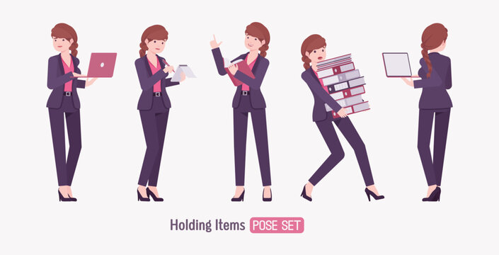 Office businesswoman, braid hairstyle long hair holding pose set, blazer pants suit. Business lady elegant pantsuit style, work, formal meeting, job interview. Vector flat style cartoon illustration