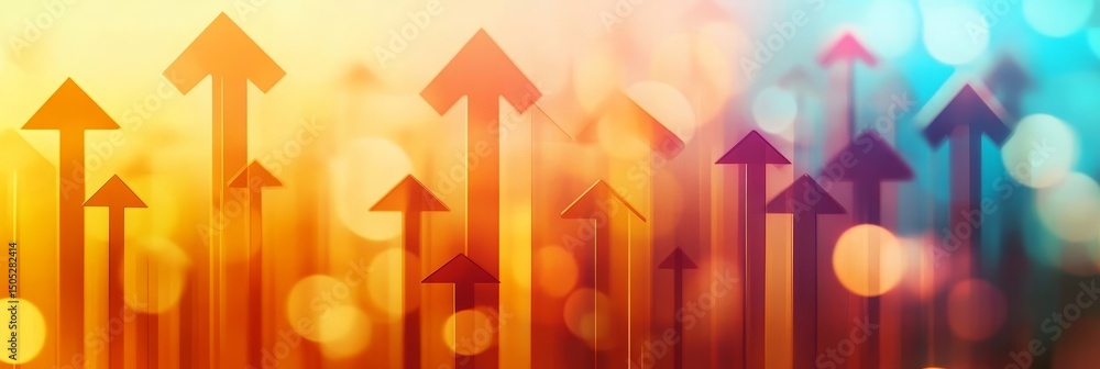Poster upward arrows soaring through colorful bokeh background representing growth and achievement