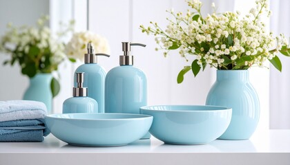 Delicate elegant ceramic decorations for bathroom - soft blue bowls, vase, white flow 