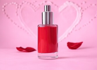 Perfume bottle with red liquid on a pink background