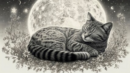 Adorable young gray kitten sleeping in the moonlight