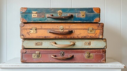 Vintage Suitcases Stacked on White Table for Travel and Nostalgia