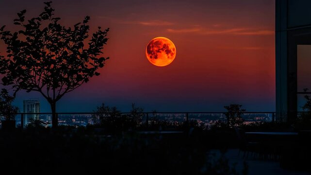 A large red moon is in the sky above a city. The sky is dark and the moon is the only light source