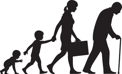 Vector illustration. Silhouette of growing up man from baby to old age. Many people of different ages in a row.