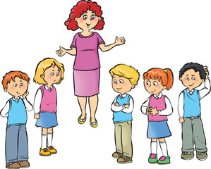 Young student children gathered around a teacher.