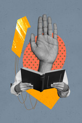 Poster image sketch vertical collage of hands hold book education instead head arm gesture magazine...
