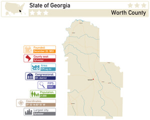 Detailed infographic and map of Worth County in Georgia USA.