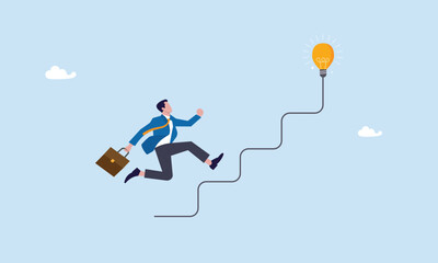 Creativity for business idea, career path or goal achievement, thinking and brainstorm for new idea or opportunity, Businessman start walking on electricity line as stairway to big idea lightbulb. 