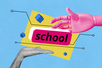 Full photo image zine collage of robotic hand human arm show digital school elearn artificial...