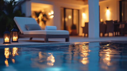 Luxury poolside villa at dusk with lounge chairs and lanterns.