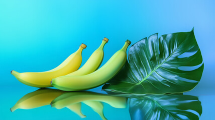 A minimalist studio shot of monstera and banana leaves with soft green and blue neon reflections