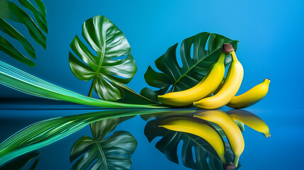 A minimalist studio shot of monstera and banana leaves with soft green and blue neon reflections