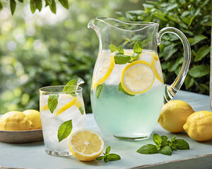 Refreshing Classic Lemonade in Transparent Pitcher with Ice Cubes, Lemon Slices, and Mint Leaves Served on Outdoor Garden Table in Summer Light