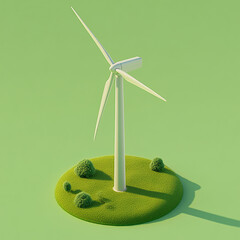 Isometric 3D animation-style representation of a wind turbine standing tall in a lush green field, blades gently curved, illustrating renewable energy, on neutral background Made with generative AI