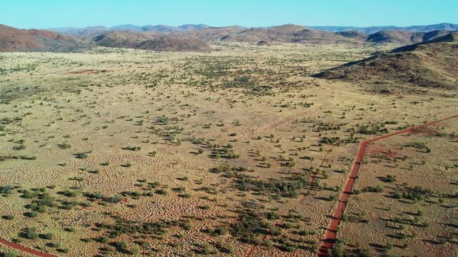 Aerial view of the hilly landscape near Umuwa, South Australia, Australia. August 2022.