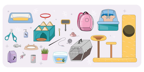 Cat care essentials, feeding, hygiene, play, and travel items, modern pet collection, colorful design