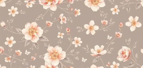 Subtle grey and sepia watercolor floral seamless pattern; delicate blooms and leaves blend softly, graphics, elegant